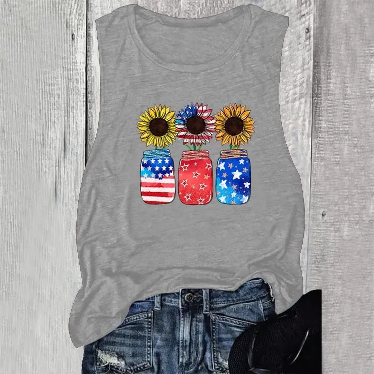 Women Patriotic Jar Sunflowers Tank Top Shirt