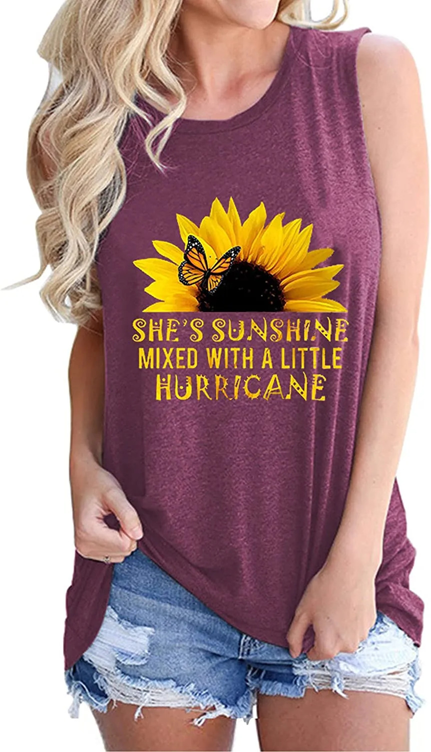 Women She's Sunshine Mixed with A Little Hurricane Graphic Shirt Sunflower Tank Tops