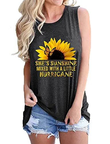 Women She's Sunshine Mixed with A Little Hurricane Graphic Shirt Sunflower Tank Tops