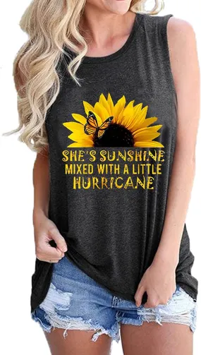 Women She's Sunshine Mixed with A Little Hurricane Graphic Shirt Sunflower Tank Tops