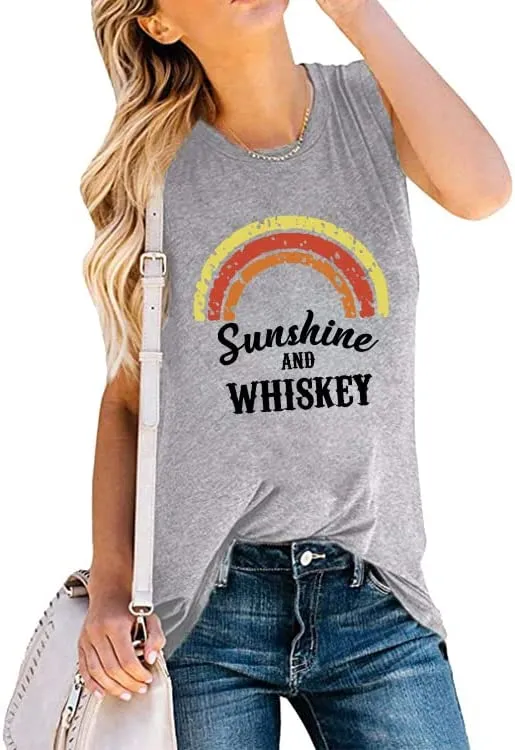 Women Sunshine and Whiskey Rainbow Tank Tops Shirt