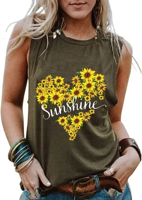 Women Sunshine Sunflower Heart Tank Top Graphic Shirt for Women