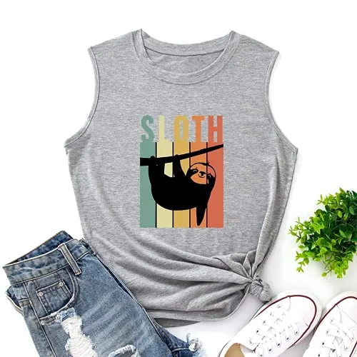 Women Vintage Retro Sloth Tank Trendy Sloth Graphic Tee Shirt