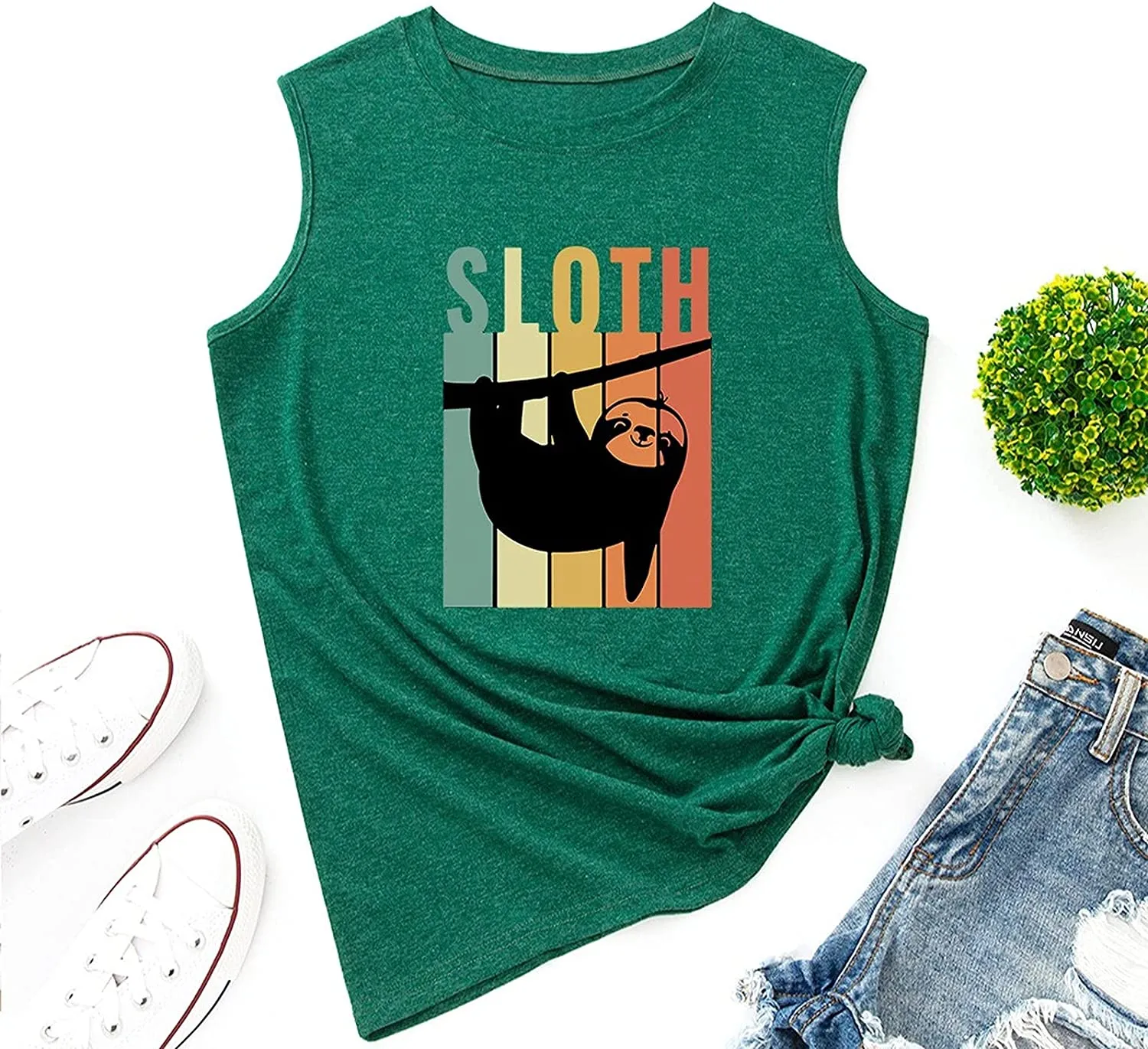 Women Vintage Retro Sloth Tank Trendy Sloth Graphic Tee Shirt