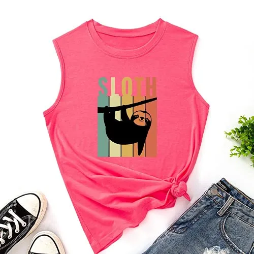 Women Vintage Retro Sloth Tank Trendy Sloth Graphic Tee Shirt