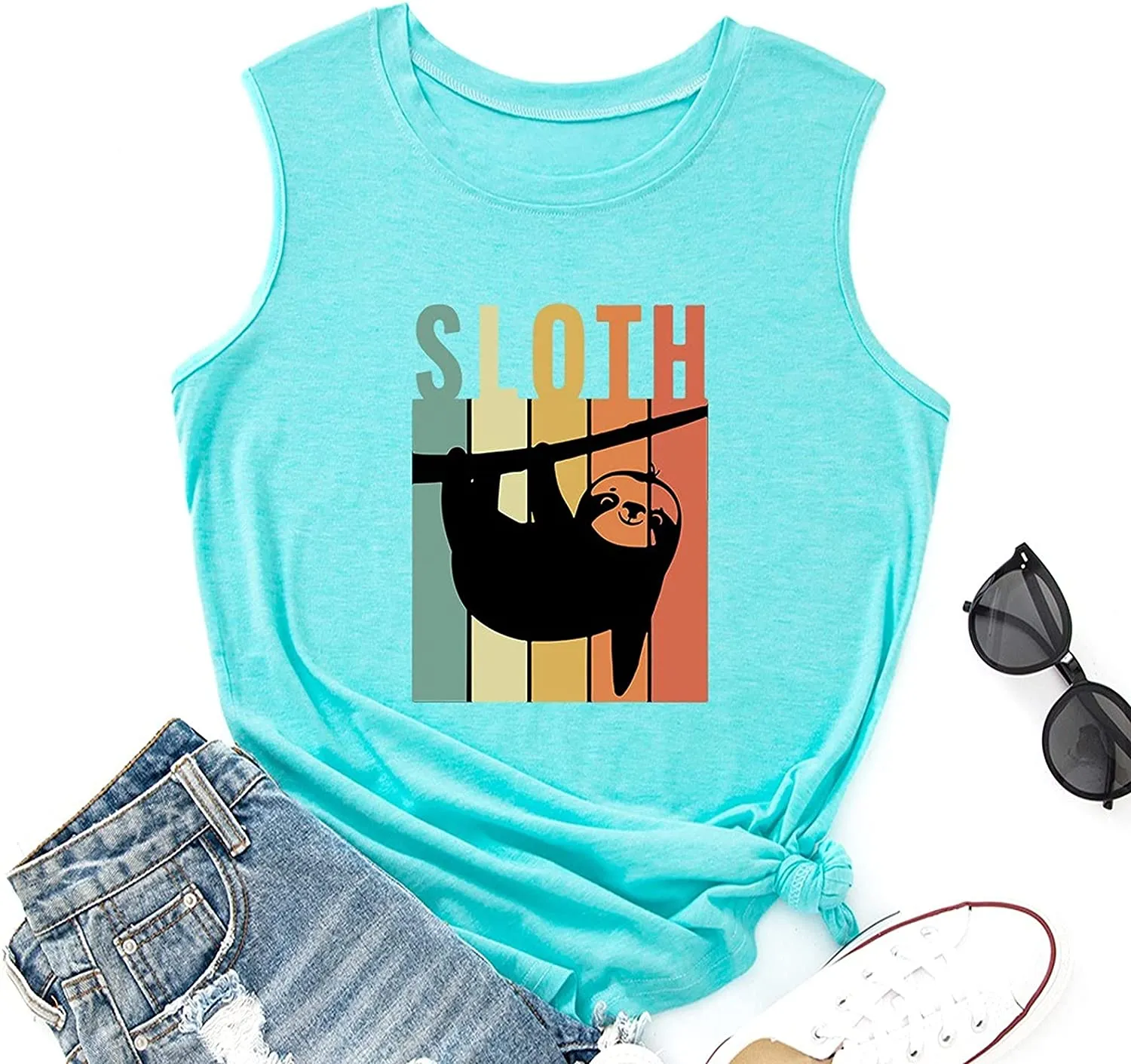 Women Vintage Retro Sloth Tank Trendy Sloth Graphic Tee Shirt