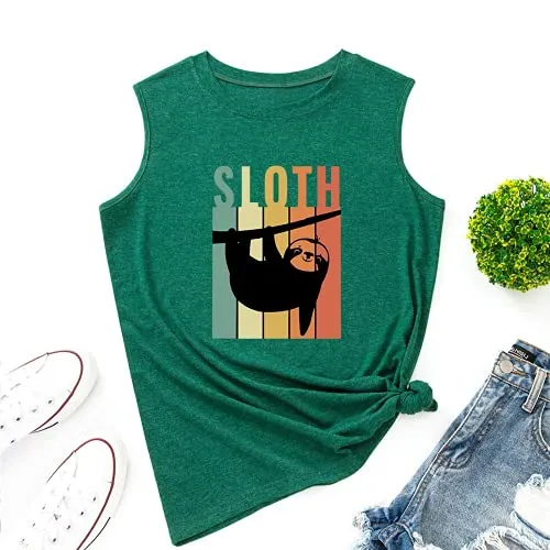 Women Vintage Retro Sloth Tank Trendy Sloth Graphic Tee Shirt