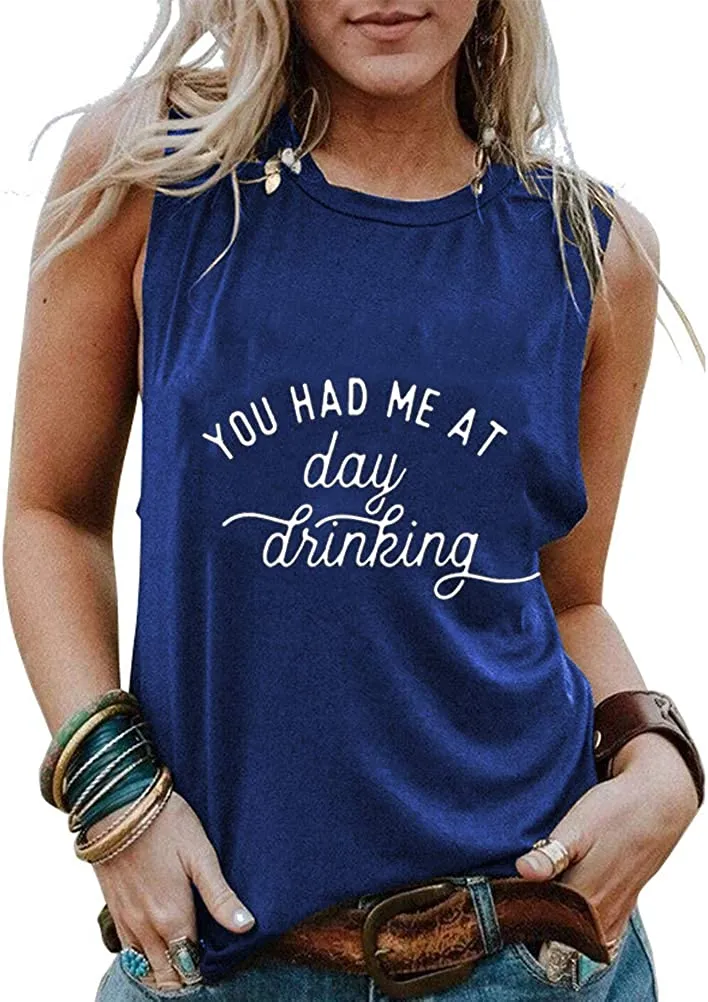 Women You Had Me at Day Drinking Tank Short Sleeve Shirts (Large,2Blue)