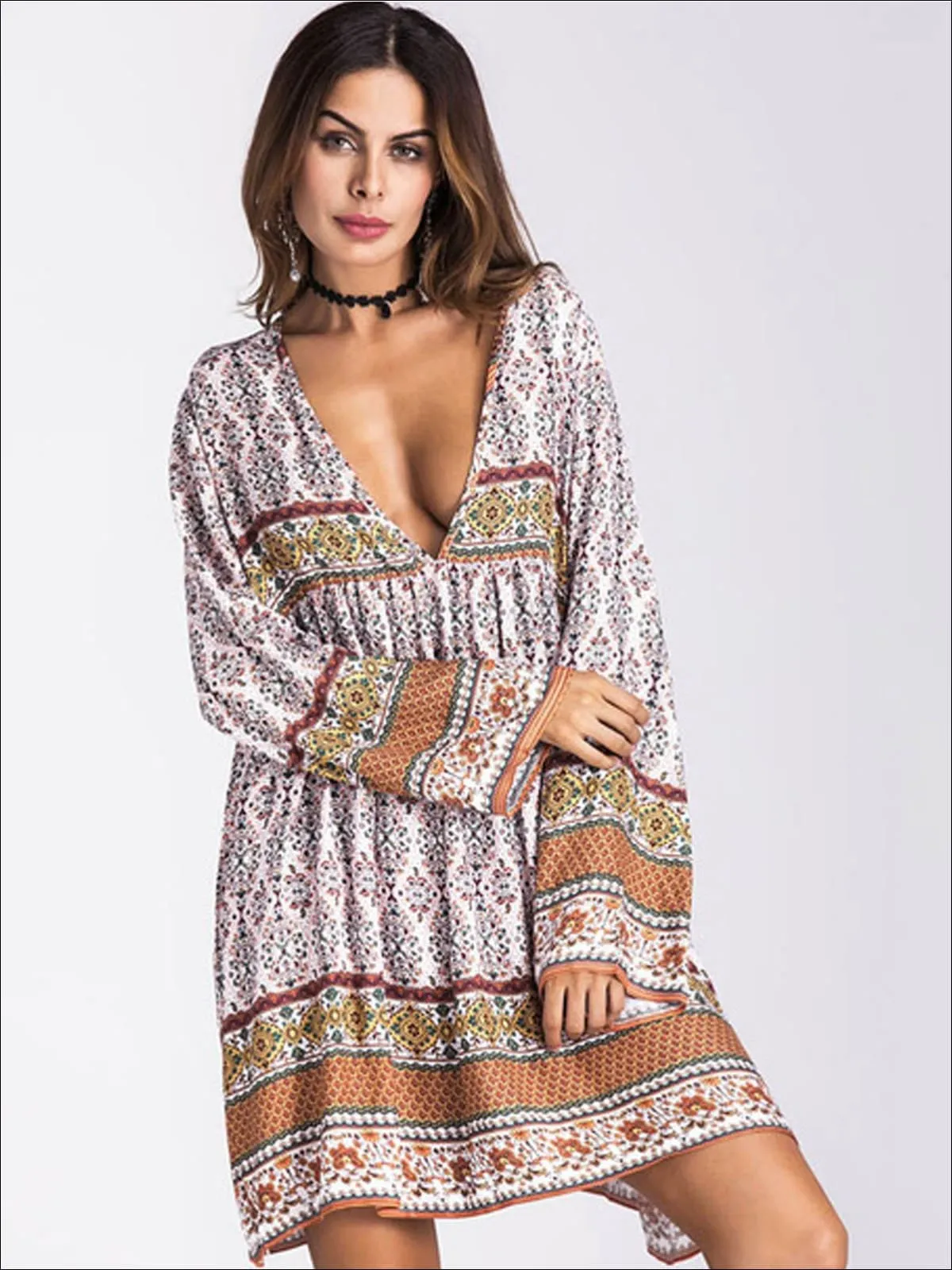 Women's Plunge Neckline Loose Boho Dress