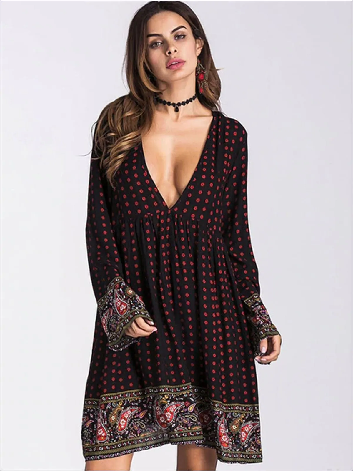 Women's Plunge Neckline Loose Boho Dress