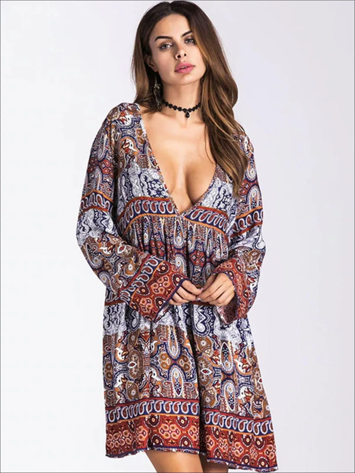 Women's Plunge Neckline Loose Boho Dress