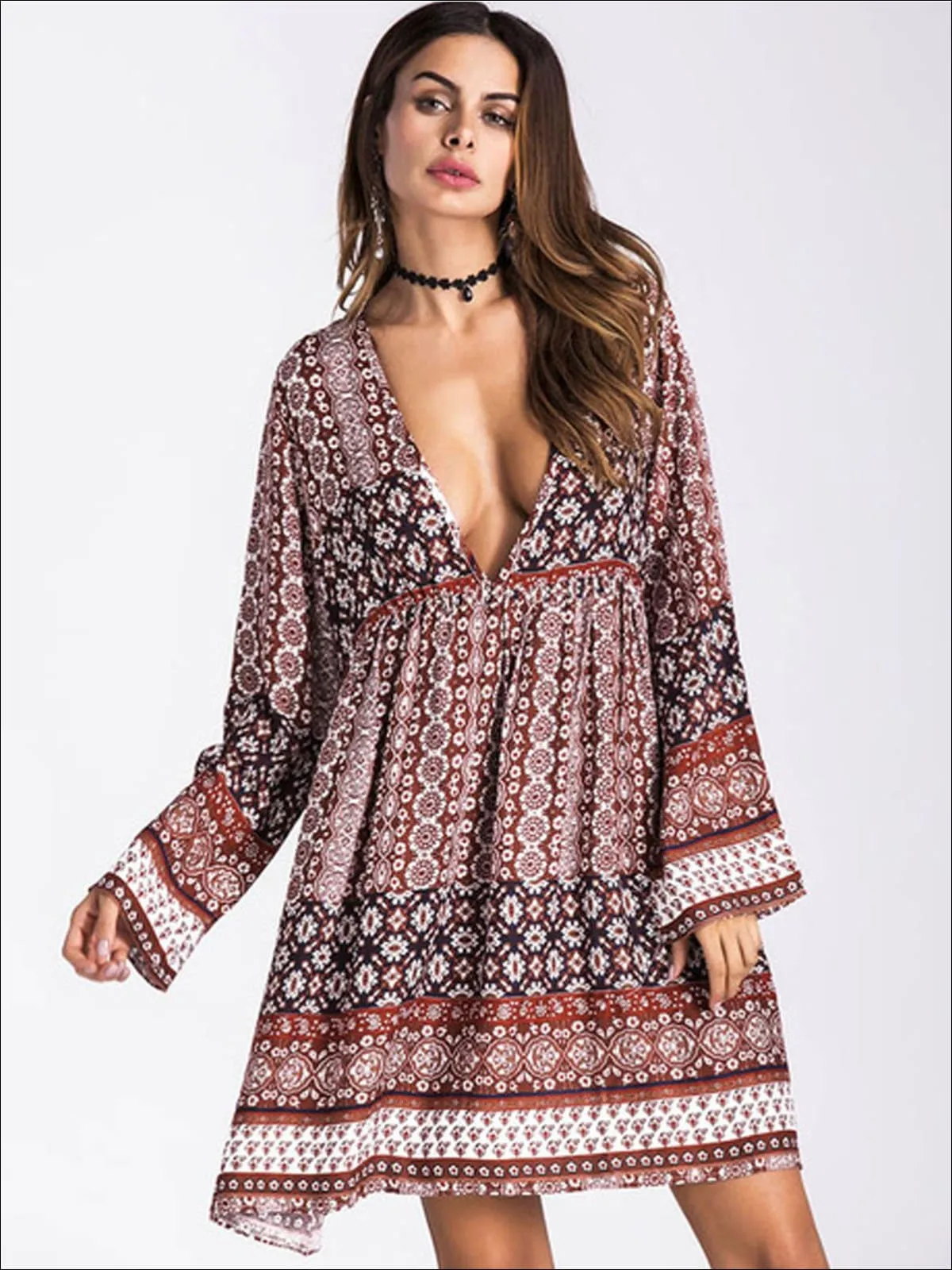 Women's Plunge Neckline Loose Boho Dress