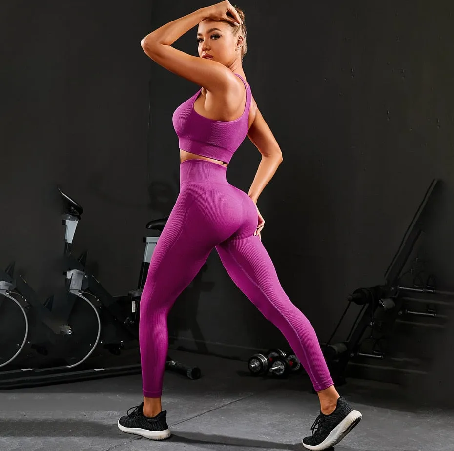 Yoga Outfit Set with Seamless Crop Tank and Ribbed Leggings